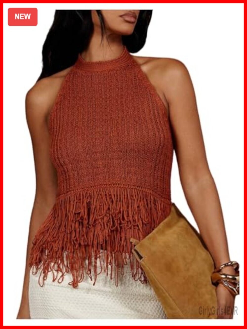 Boho Fringe Halter Tank Top Open Back Crochet Knit Slim Fit